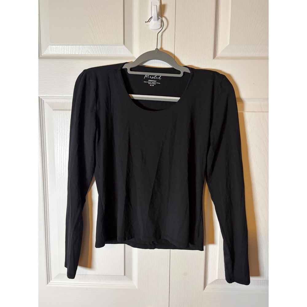 Marled Essentials Womens Black Scoop Neck Puff Shoulder Long Sleeve Top Size M